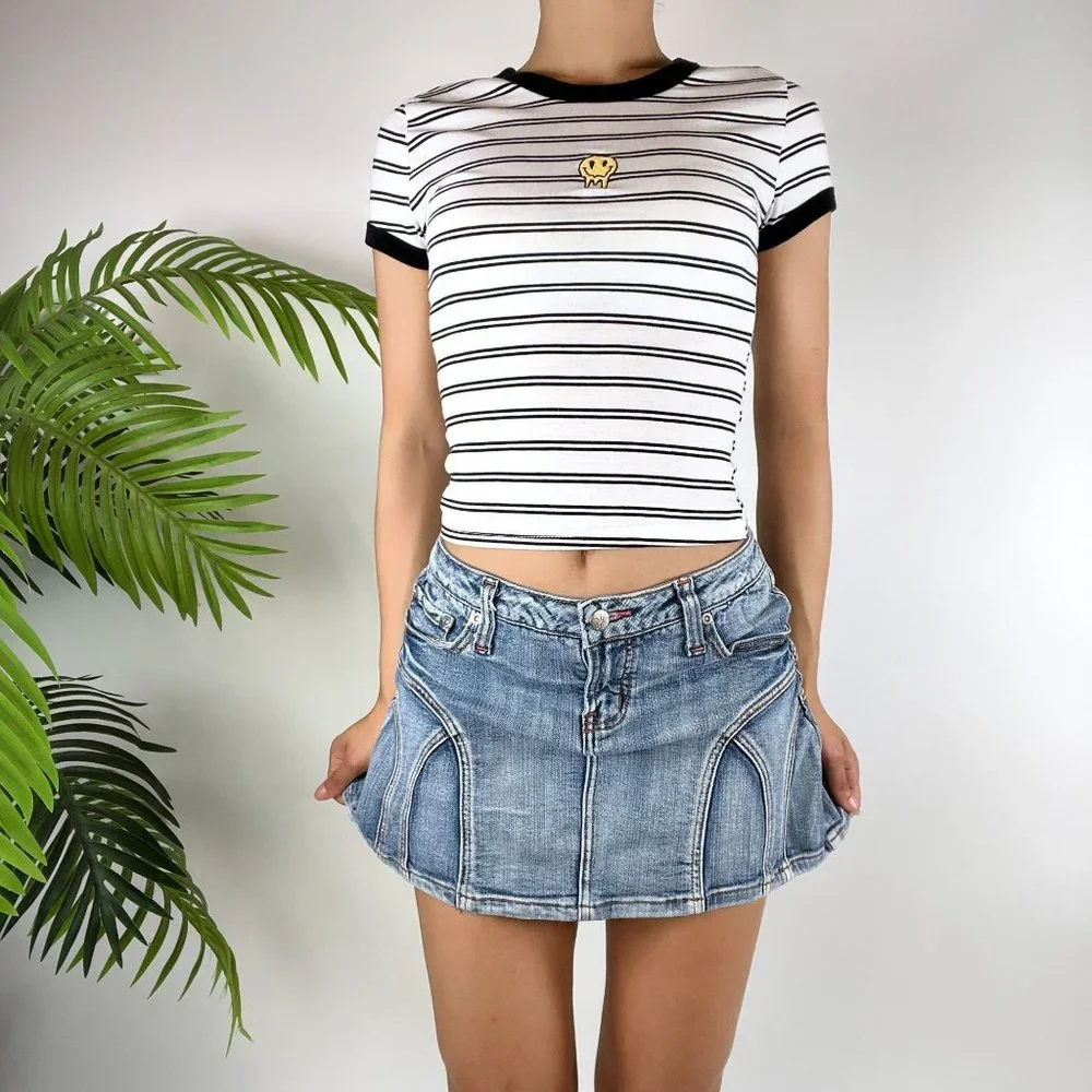 Vintage Y2K Indie Grunge Low Rise Blue Jean Denim Micro Mini Skirt / Size: 7 - Picture 1 of 5